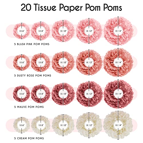 Image of EpiqueOne 20 Piece Tissue Paper Pom Poms | Blush Pink, Dusty Rose, Mauve & Cream | Colorful Paper Flower Wall Decorations for Bridal Showers, Baby Showers, Weddings, Graduations, Tea Parties & More