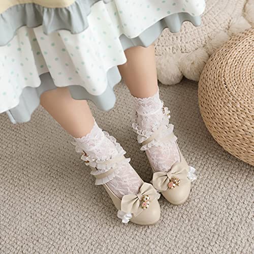 Image of FOREADA Lolita Shoes Platform Mary Jane Heels Kawaii Bow Lace Pearl Pumps | Vintage kawaii lolita styling ideal for dresses, with bead, lace, bow, ankle strap, pink, white and classic black colors