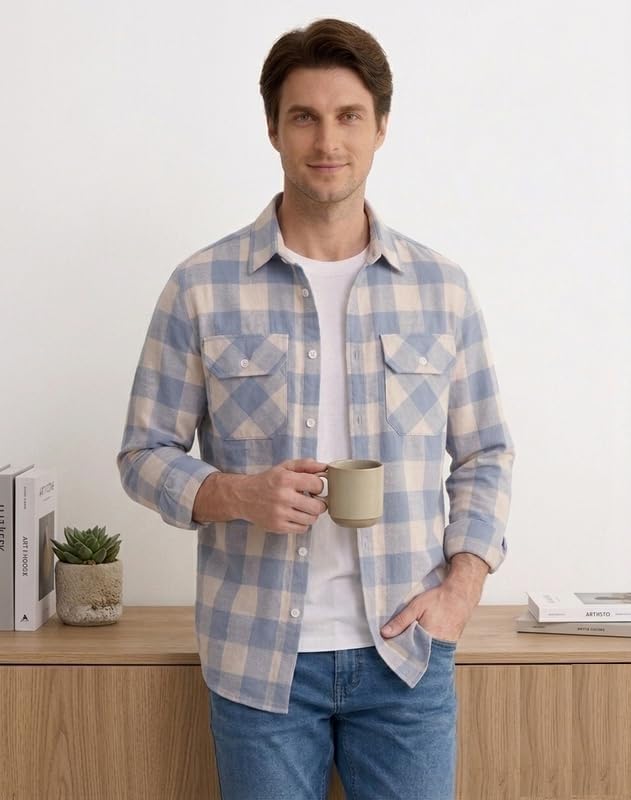 Image of DEELMO Men's Stylish Cotton Blend Casual Chakes Shirt || Full Sleeve Shirt with Dual Flap Pockets Fabric || Perfect for Casual and Classic Fit & Style || Stylish Everyday Wear