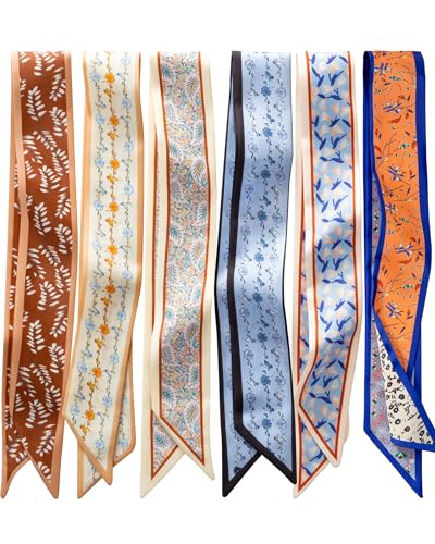 ZXZH 6 Pack Fashion Scarves for Women Versatile Boho Head Scarf Satin Scarf for Hair Neck Wrist and Purse Accessories (Botanical Mix-C)