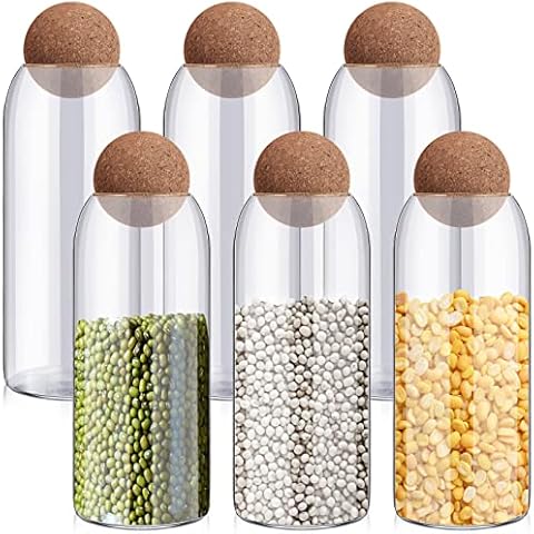 6 Pieces 1000 Ml/ 34 Oz Glass Food Storage Canister with Cork Lid Cork Glass Jar Round Cork Glass Bottle Glass Flour and Sugar Containers Cookie Cool Terrarium Bottle for Food Coffee Spice Candy Cover