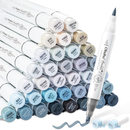 Ohuhu Alcohol Markers 36 Grey-color Brush Soft Chisel for Drawing Sketching