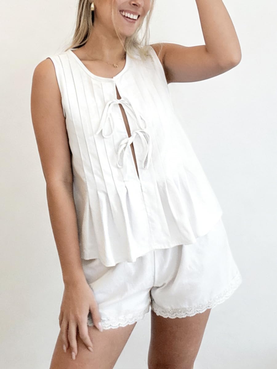 Womens Summer Short Sets 2 Piece Outfits Pleated Front Tie Tank Top and Shorts Cotton Pajamas Set - Image 5