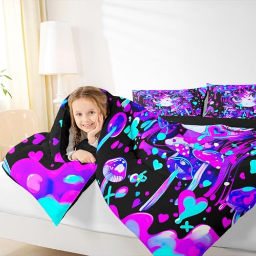 Image of Erosebridal Japanese Girl Bedding Full,Cartoon Girly Comforter Set 3D Anime Gifts Bed Sets Colorful Graffiti Print Duvet Insert 3 Pieces