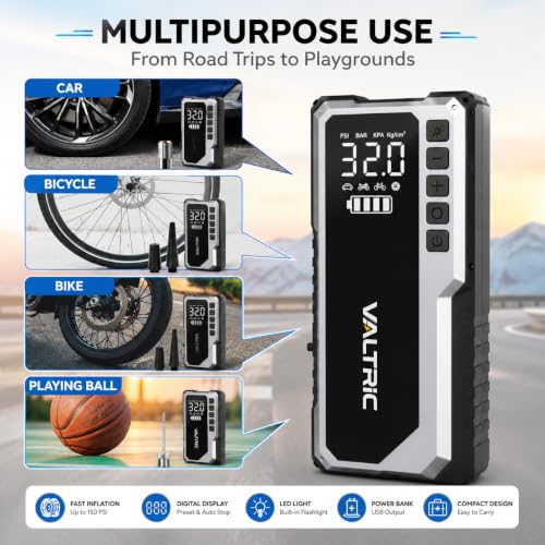 Image of Cordless Tyre Inflator Air for Car and Bike 5200mAh with Digital Display, Auto Cut-Off, LED Flashlight, Emergency SOS Light & Power Bank Support for Car, Bike, Bicycle & Ball