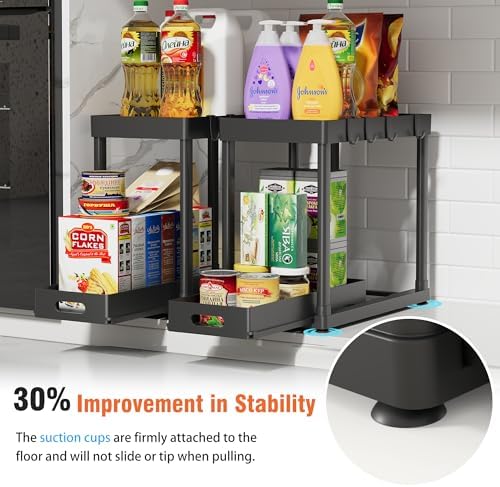 POUGNY under sink organizer installed in a kitchen cabinet showing the pull-out drawers