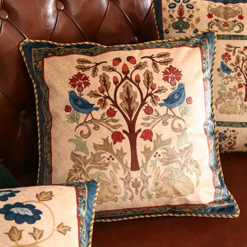 Patdrea Vintage Folk Velvet Throw Pillow Cover Quaint Blue with Bird Rabbit Animal Pattern Decorative Square Pillowcases Cushion for Bed Living Room Outdoor Car Pack of 2