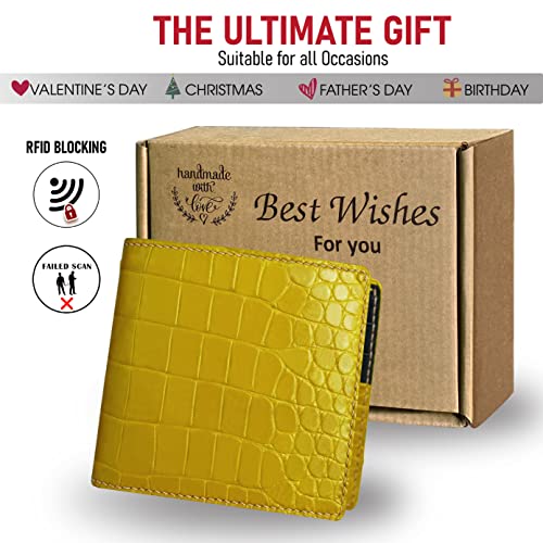 Image of HATA Yellow Black Bifold Wallet for Men, Men Exotic Billfold with Mixed Leather Interior, RFID Blocking Card Holder, Handmade Gift for Birthday, Anniversary, Father's Day VIMIX-91