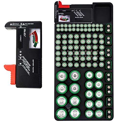 Battery Organizer Storage Case with No Lid Snap, Portable Battery Tester, Just The Right Size Slot with Wall-Mounted Design,Holds 110 Batteries Various Sizes for AAA, AA, 9V, C, D and Butt (Black)