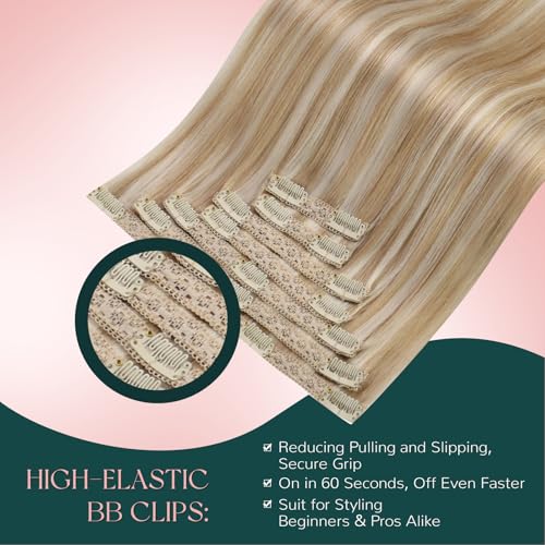 Image of Easyouth Clip in Hair Extensions Real Human Hair Highlights Remy Human Hair Clip in Extensions Honey Blonde Highlight Bleach Blonde Softness Clips on Hair Extension Human Hair 14 Inch 7Pcs 80G