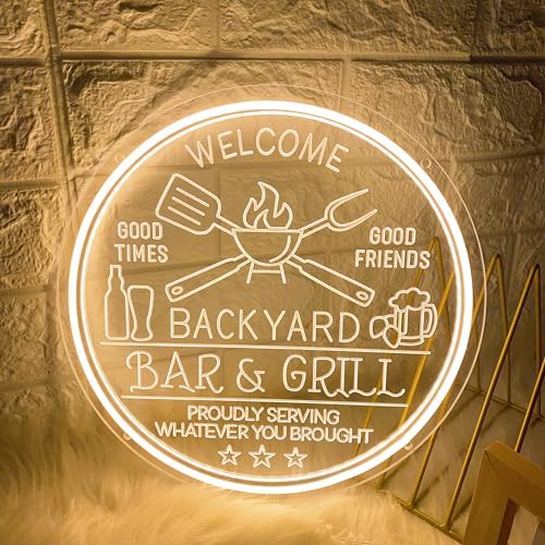 Image of Bar and Grill Neon Sign,Bar & Grill Sign, Backyard Patio Wall Art,Bar Sign,Grill Sign Backyard Sign BBQ Grilling Light Up Sign for Backyard,Garden Yard,Patio Decor, Housewarming Gift（Dimmable）