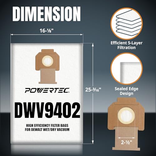 Image of POWERTEC DWV9402 Fleece Bags for Dewalt 5PK, for Dewalt DWV010, DWV012, DWV015 8 & 10 Gallon Dust Extractor, Replacement Shop Vacuum Bags (75029)