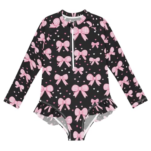 ALAZA Cute Bow Heart Love Black Girls One Piece Swimsuit Long Sleeve Rash Guard Swimsuits UV 50+ Swimwear Zipper