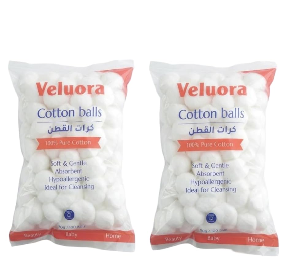 Veluora Cotton Balls 100% Pure Cotton | Soft Highly Absorbent & Hygienic | Gentle for Baby Care Makeup Removal & Medical Use | White Cotton Balls | 100 Pieces Each (Pack of 2)