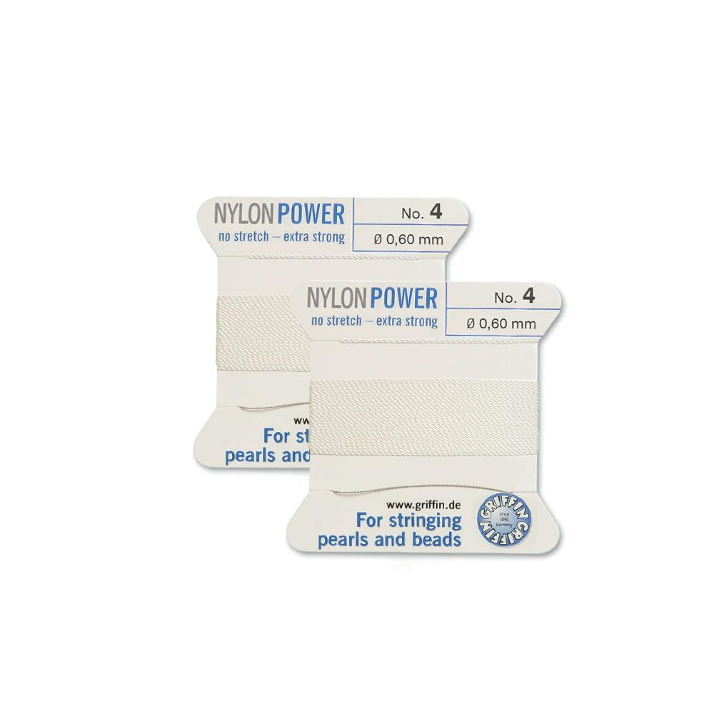 2 Pcs Griffin Nylon Power Bead Beading Stringing Cord Thread and Needle Size 4 White Color 0.6mm 2 Meter