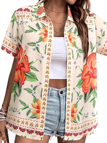 MYMORE ❷⓿❷❺ Womens Hawaiian Shirt Luau Party Tropical Vacation Button Down Shirts Short Sleeve Beach Hawaii Floral Print Top