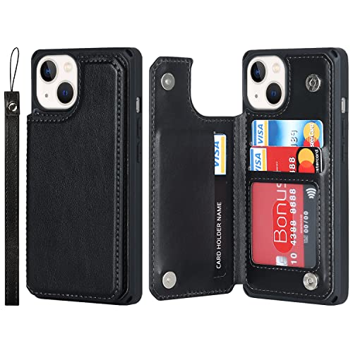 Coque iPhone 14 Cavor étui portefeuille en cuir PU noir à rabat antichoc