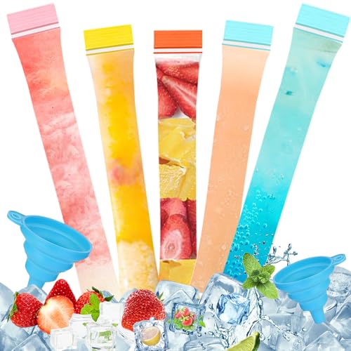 SJUNJIE 250 Bolsas para Helados Bolsas para Moldes de Helado de Colores Bolsa Popsicle Grandes y Pequeñas con 2 Embudo Moldes para Helados para Helado Jugo Yogur Caramelos