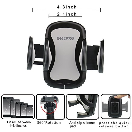 Car Phone Mount,OHLPRO Cell Phone Holder Car Dash Windshield Dashboard Universal 360°Adjustable Rotating for iPhone Samsung Sony Google All 4"- 6.4" Smartphones (Silver)