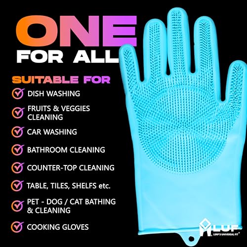 Image of LUF Dishwashing Hand Gloves for Kitchen, 100% BPA Free Silicone Gloves for Washing Utensils, Dog Cleaning & Pet Bathing, Cooking | Waterproof - Heat Resistant - Long Scrubber - Reusable - 1 Pair