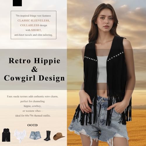 GOKTOW Cowboy Cowgirl Vest for Women Fringe Faux Suede Western Vest Tassel Tops Sleeveless Hippie 70s Light4