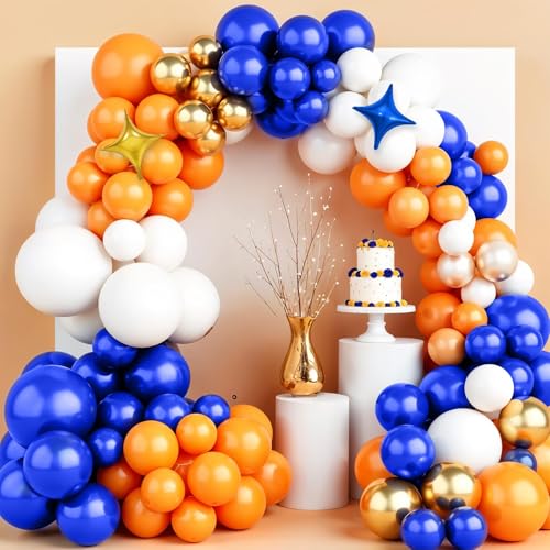 Image of Blue and Orange Balloon Arch, Royal Blue White Balloon Garland Party Decor | Metallic Gold Balloons with Star Foil Balloon for Birthday Graduation Baby Shower Baseball Wedding Party Decorations