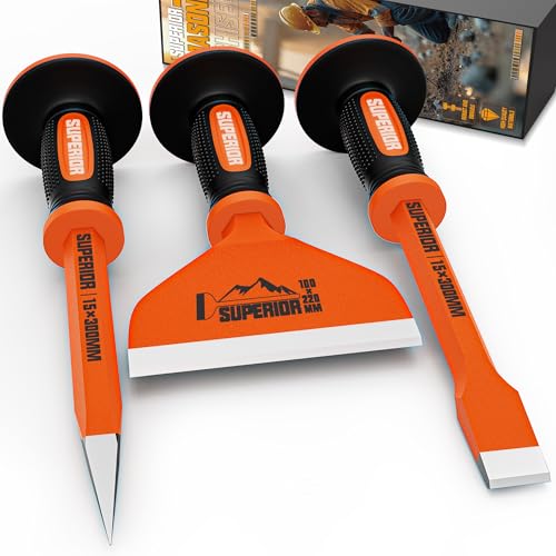 KIRXST 3PCS Heavy Duty Masonry Chisel Set with Hand Guard 12 Inch Point & Flat 8.5 Inch Brick Chisel Stone Rock Concrete Chisel Tool for Breaking Splitting Cutting and Demolition