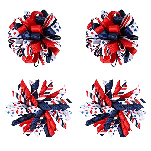 4th of July Korker Hair Bow Clips Girls Patriotic Curly Corker Cheer Pompom Loopy Bow Alligator Barrettes Red White Blue Stars Stripes Ribbon Accessories Kids Xmas Gift