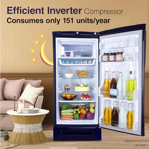 Image of Godrej 202 L 4 Star Advanced Inverter, Jumbo Vegetable Tray Direct Cool Single Door Refrigerator Appliance With Base Drawer(RD 210D TDI MN BL, Marine Blue)