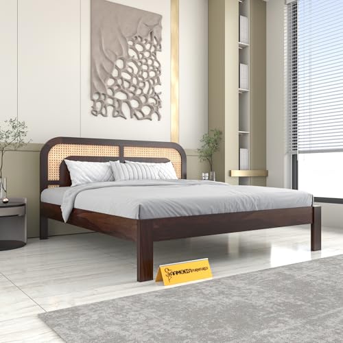 Image of Sheesham Wood Cane Bed Without Storage for Bedroom | King Size Wooden Double Bed Palang with Curved Rattan Headboard (Walnut Finish)