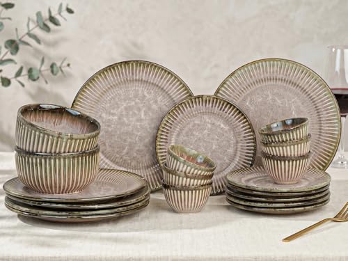 Image of Bodhi House Premium 20-Piece Stoneware Dinner Set Serving for 6 - Handcrafted Ceramic Plates, Bowls & Serving Bowls | Microwave & Dishwasher Safe | Elegant Modern Tableware Crockery Petal Pink
