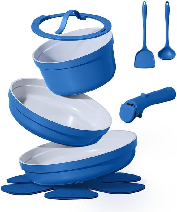 CAROTE Juego de 9 ollas y sartenes, juegos de utensilios de cocina de cerámica antiadherentes con mango desmontable, ollas y sartenes de cocina de