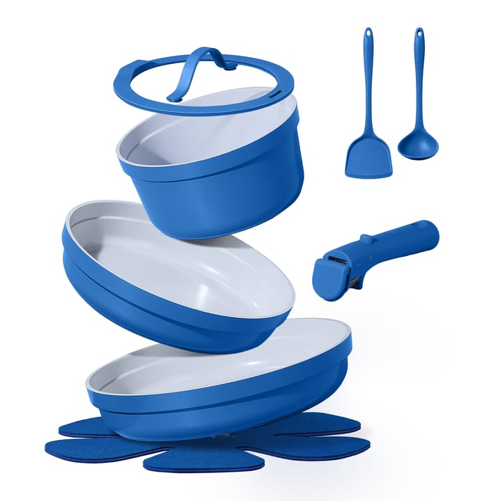 CAROTE 9pcs Pots and Pans Set,Ceramic Cookware Sets Non Stick with Detachable Handle, Induction Kitchen Pots and Pans,RV Cooking Set, Oven/Dishwasher/Fridge Safe, Malta Blue