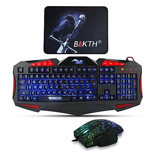 Gaming Keyboard and Mouse Sets - BAKTH 3 Cool Colors LED Backlit Wired USB Keyboard and Mouse Combo for PC Computer Games Including Durable Mouse Mat (Black)