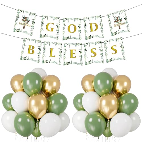God Bless Banner for Baptism First Communion Decorations With White Gold Sage Green Balloons for Baby Christening Confirmation Party Supplies