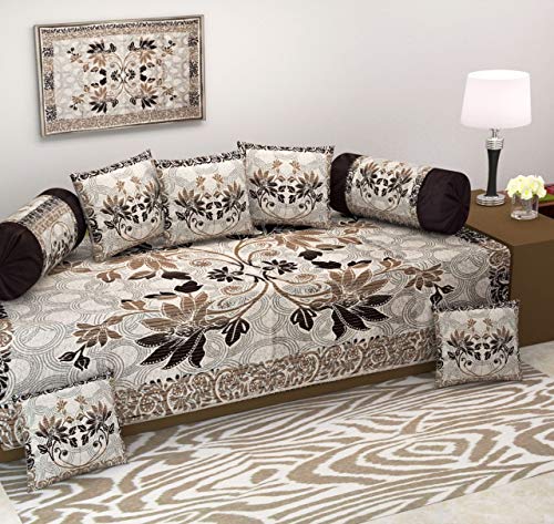 Image of CASTIQA Chenille Jute Fabric 500 TC Floral Design Diwan Bedsheet 5 Cushion Covers and 2 Bolster Covers for Living Room (Multicolour 2), Set of 8 Pieces