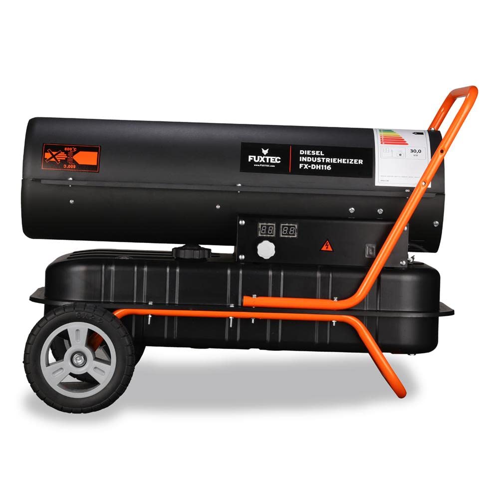 Generatore aria calda a diesel FUXTEC DH116 - Termoventilatore a gasolio potenza termica di riscaldamento 30 kW, serbatoio 38L(13h), accensione elettrica, termostato regolabile.
