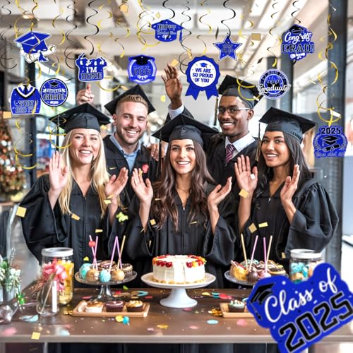 Image of Graduation Hanging Swirls, Graduation Decorations Class of 2025, 30 PCSBlue and Black Graduations Party Decoration Congrats Grad Hanging Swirls Ceiling Streamers for School Graduations Party Supplies