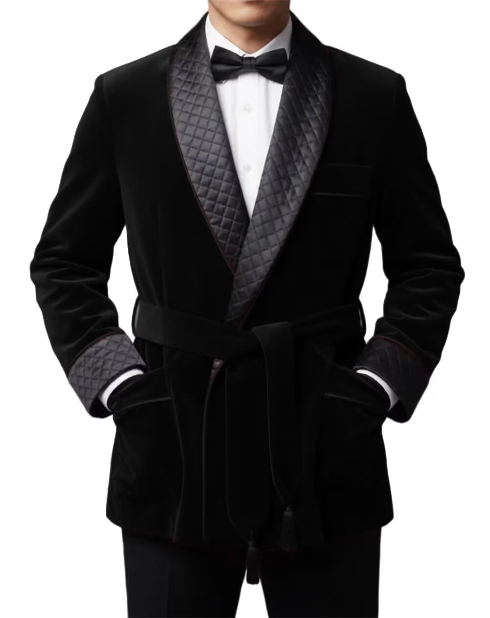 Men's Short Velvet Smoking Jacket Shawl Lapel Smoking Robe Wedding Dinner Party Blazer Coat with Belt YZZ008