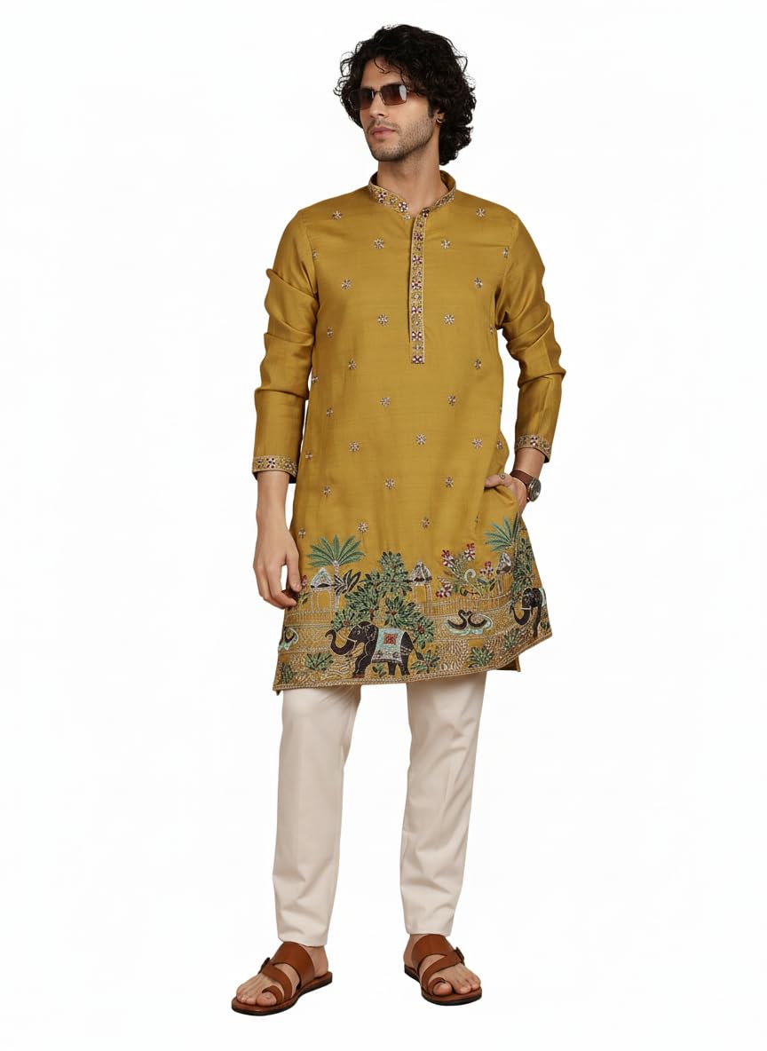 amazon brand - tavasya Men Printed Kurta with Ethnic Motif Border | Special Haldi Kurta | Festive Embellished Long Kurta | Embroidery Kurta | Ethnic Wear | Mandarin Collar | Knee Length-picture-24