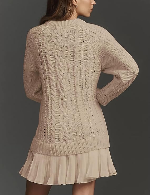 Women Crewneck Cable Knit Sweater Mini Dress, Fall Long Sleeve Sweater Dress, Chunky Sweater Spliced Casual Dress2