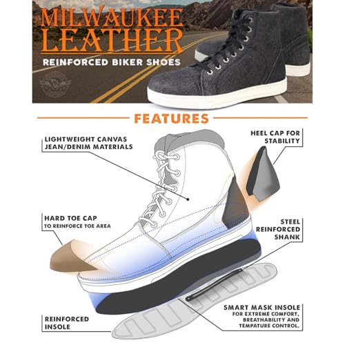 Milwaukee Leather MBM9108 Tênis masculino de lona preta reforçada para motocicleta, casual, para equ
