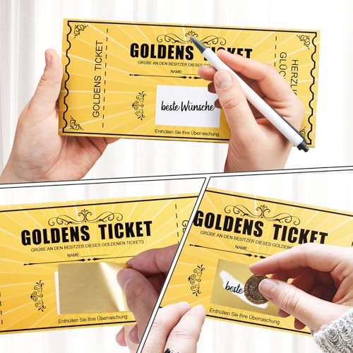 kodivenj Goldenes Ticket Gutschein, 6 Stück, Rubbelkarte zum Beschriften, Geburtstagskarte (C)