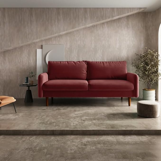 Image of Morrone Velvet Loveseat 3-Seater Sofa, Modern Upholstered Couch for Living Room, Bedroom and Office, Plush Cushion Accent Seating Furniture (Wine Red, 3 Seater)