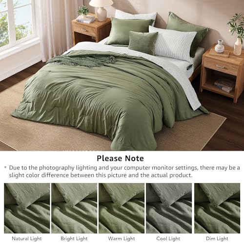 Image of Monbix Full Size Comforter Sets-7 Pieces Soft Bed in a Bag Full Bedding Set | All Season Olive Green Prewashed Comforter Bed Set with Striped Sheets, Pillowcases & Shams