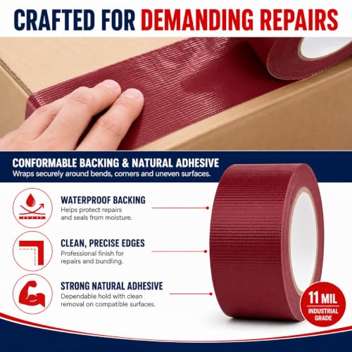 Image of GGR Supplies CDT-36 Industrial Grade Duct Tape Burgundy 2 Inch x 30 Yards | 11 Mil Waterproof and UV-Resistant Tape with No Sticky Residue for Patching, Sealing, Bundling and Multi-Purpose Repairs