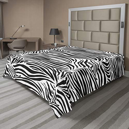 Ambesonne Zebra Print Flat Sheet, Striped Zebra Animal Print Nature Wildlife Inspired Simplistic Illustration, Soft Comfortable Top Sheet Decorative Bedding 1 Piece, Queen Size, Black White