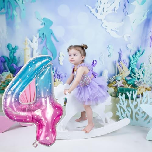Image of Purple Teal Number 4 Balloons, 40 In Large Mermaid Starry Number 4 Mylar Foil Helium Balloons for Girls, Self Inflating Rainbow Number Four Balloon for Women 4th Birthday Anniversary Party Decoration