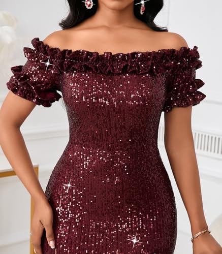 Image of dasmzper Women Sexy Sequin Off Shoulder Ruffle Short Sleeve Bodycon Mermaid Party Formal Evening Maxi Dress