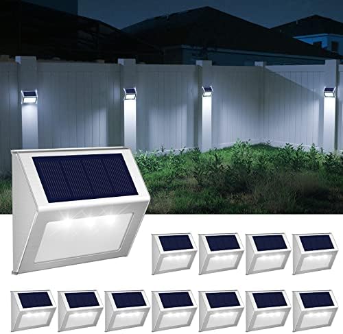 JSOT Outdoor Fence Lights,12 Pack Solar Powered Deck Lights Waterproof Stairs Light Stainless Steel Security Wall Lamps for Step Walkway Patio Garden Pathway - Cool White